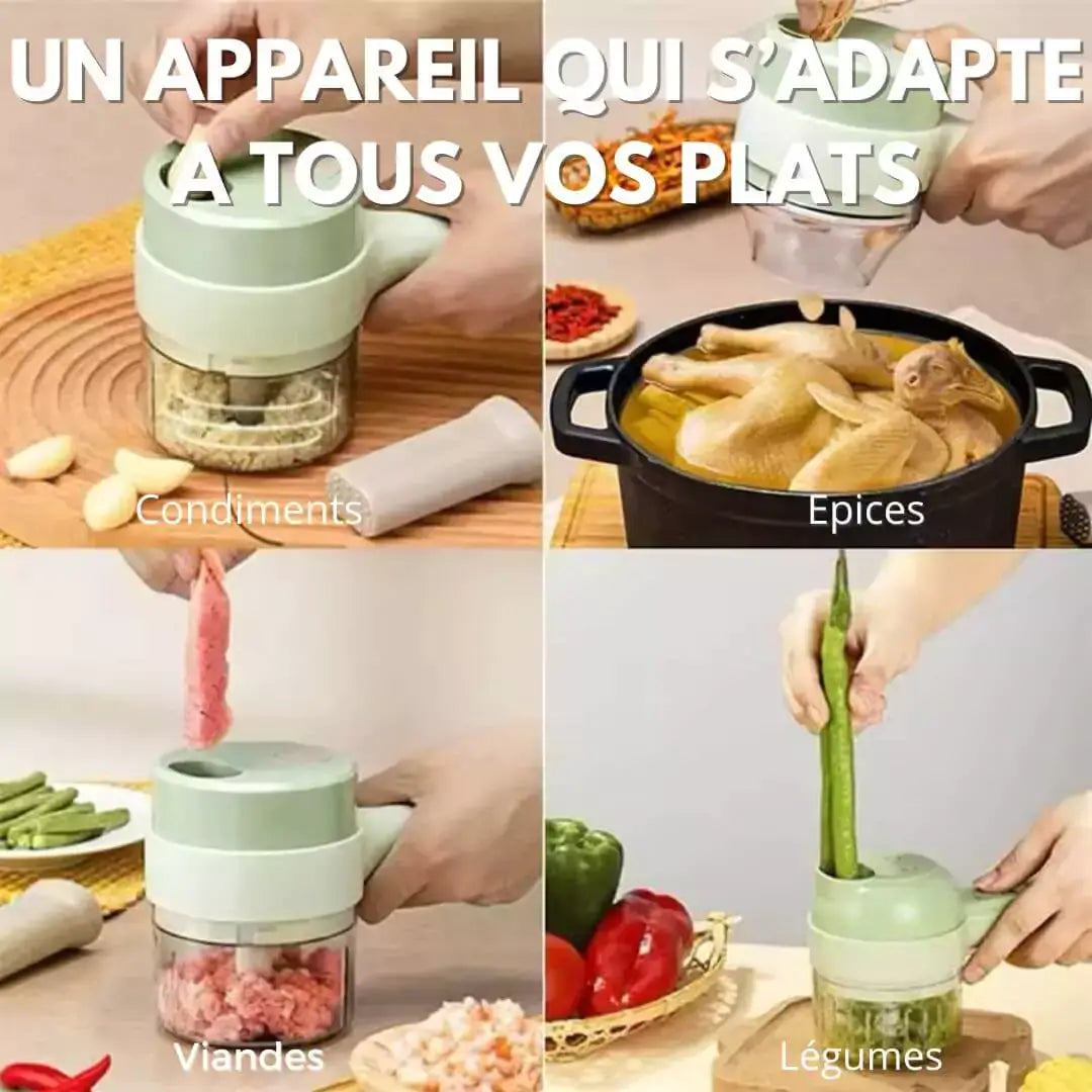 HACHOIR ÉLECTRIQUE CUIZEN 4 en  1 : Découpe, Épluche, Mixe & Nettoie